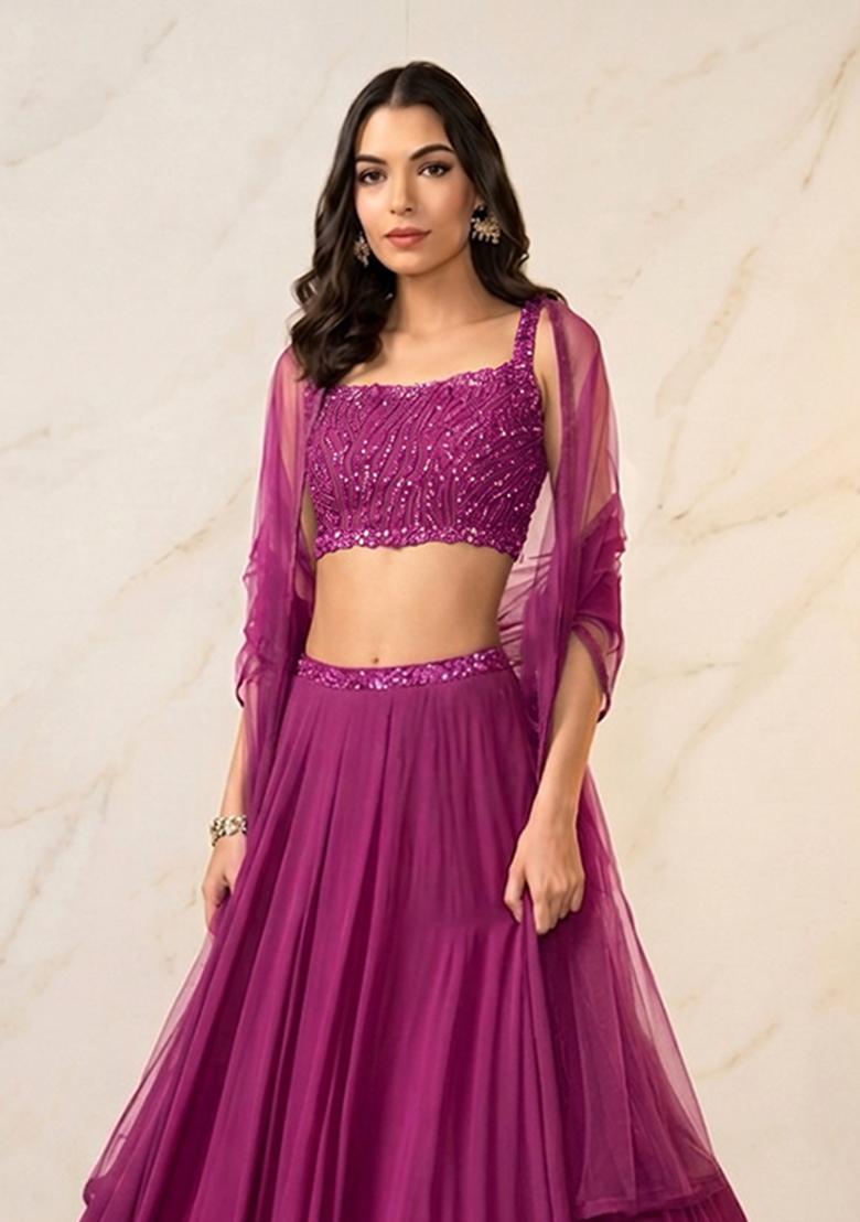 Magenta Embroidered Handwork Lehenga Set - Indya