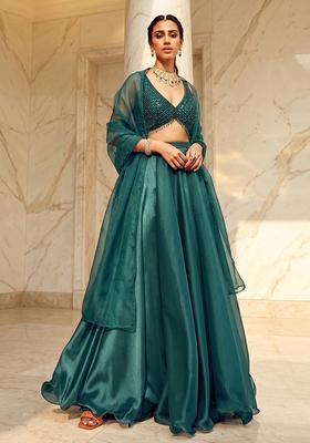Teal Embroidered Handwork Lehenga Set