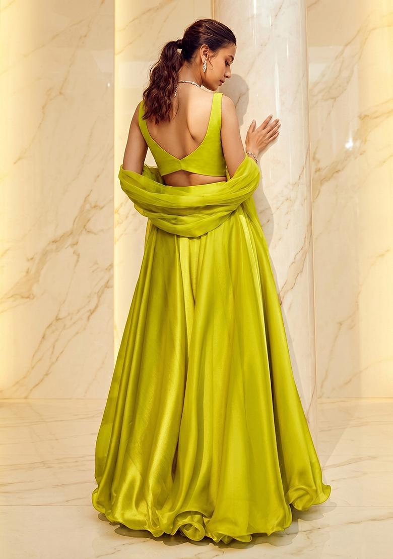 Lime Green Embroidered Handwork Lehenga Set - Indya