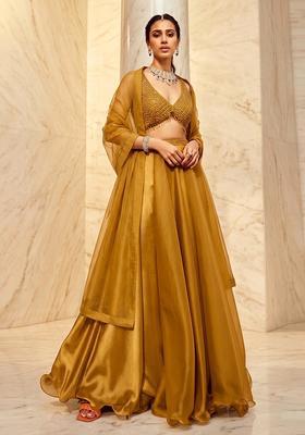 Mustard Yellow Embroidered Handwork Lehenga Set