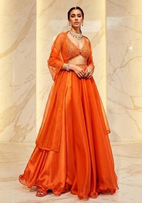 Orange Embroidered Handwork Lehenga Set