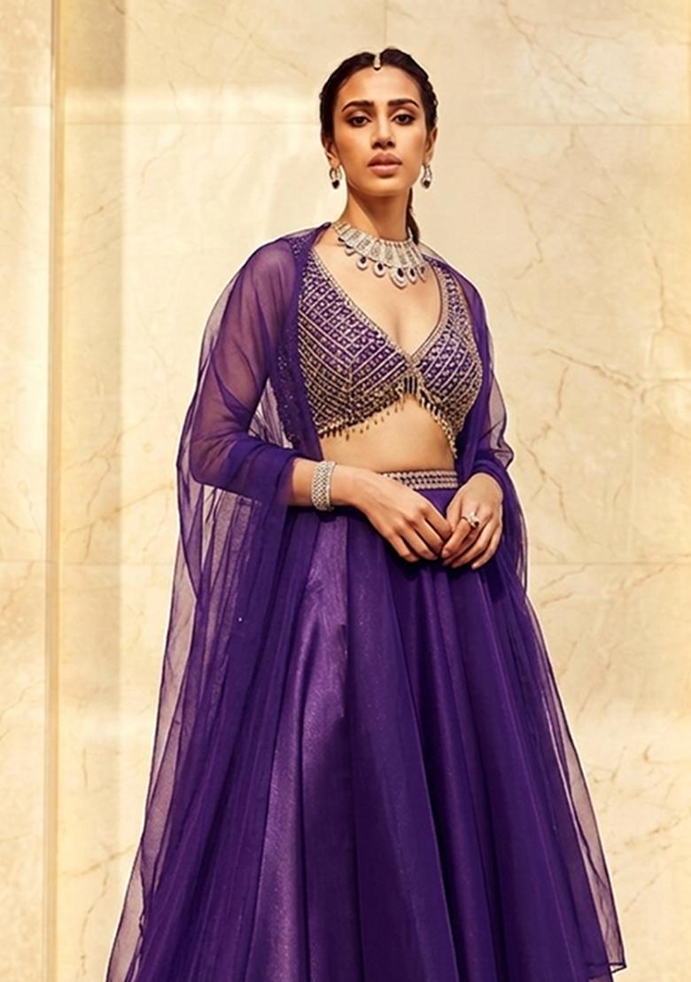 Dark Purple Embroidered Handwork Lehenga Set - Indya