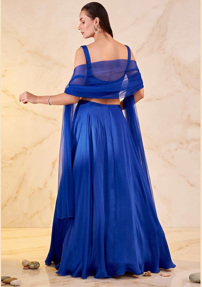 Dark Blue Embroidered Handwork Lehenga Set - Indya