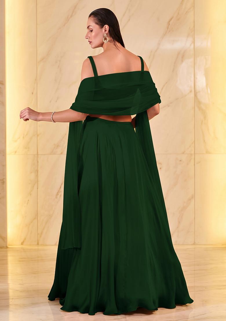 Dark Green Embroidered Handwork Lehenga Set - Indya