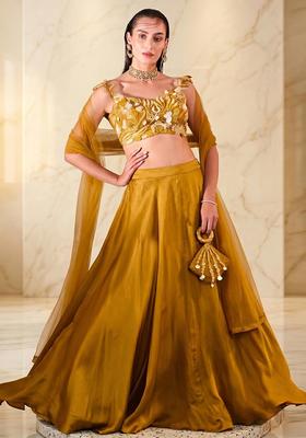 Mustard Yellow Embroidered Handwork Lehenga Set
