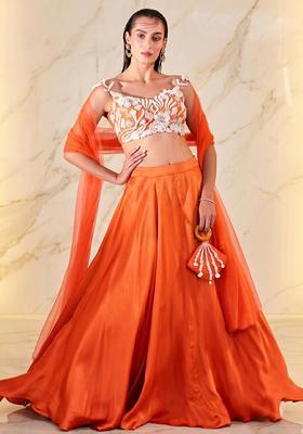 Orange Embroidered Handwork Lehenga Set
