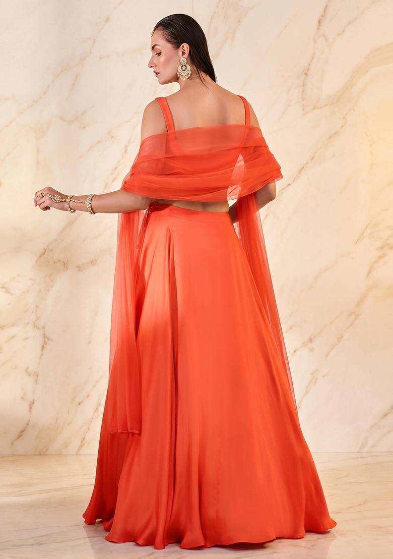 Orange Embroidered Handwork Lehenga Set - Indya