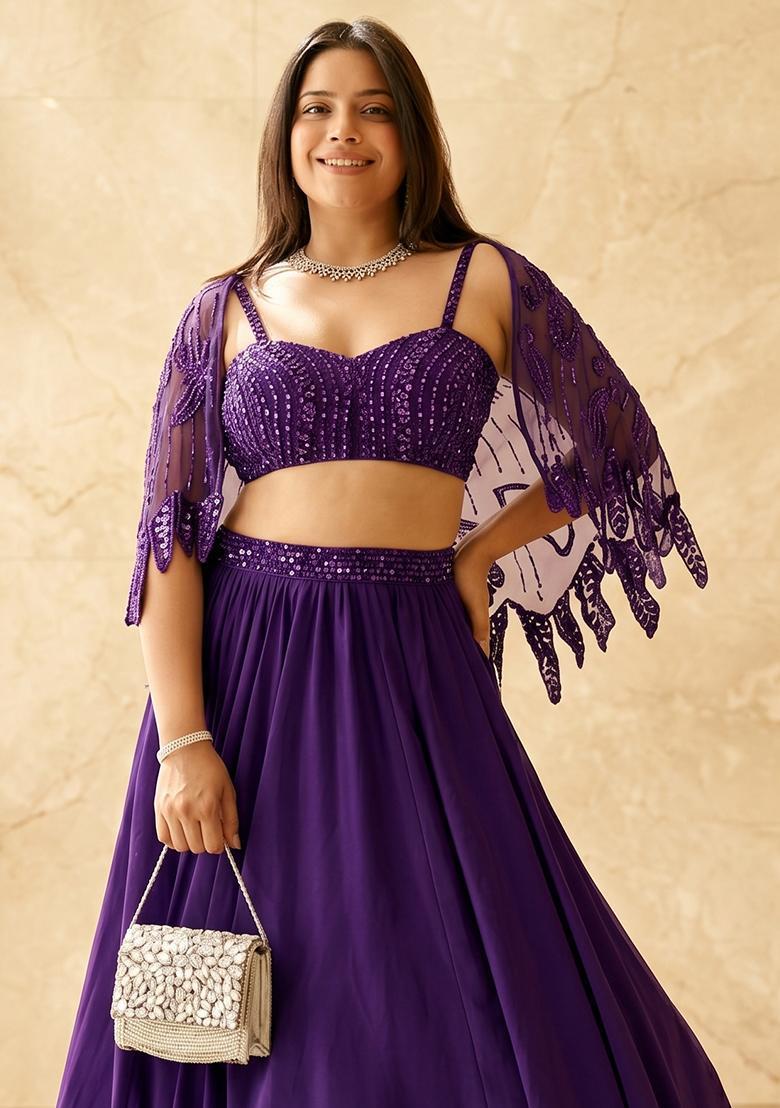 Dark Purple Embroidered Handwork Lehenga Set - Indya