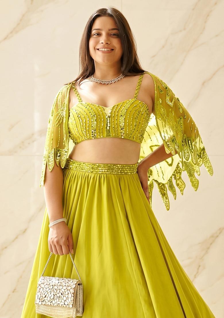 Lime Green Embroidered Handwork Lehenga Set - Indya