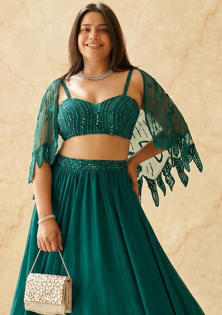 Deep Teal Embroidered Handwork Lehenga Set - Indya