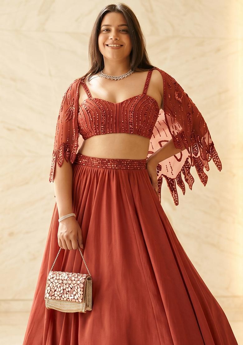 Mauve Embroidered Handwork Lehenga Set - Indya