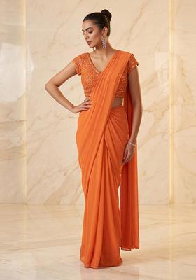 Orange Embroidered Handwork Pre Draped Saree Set