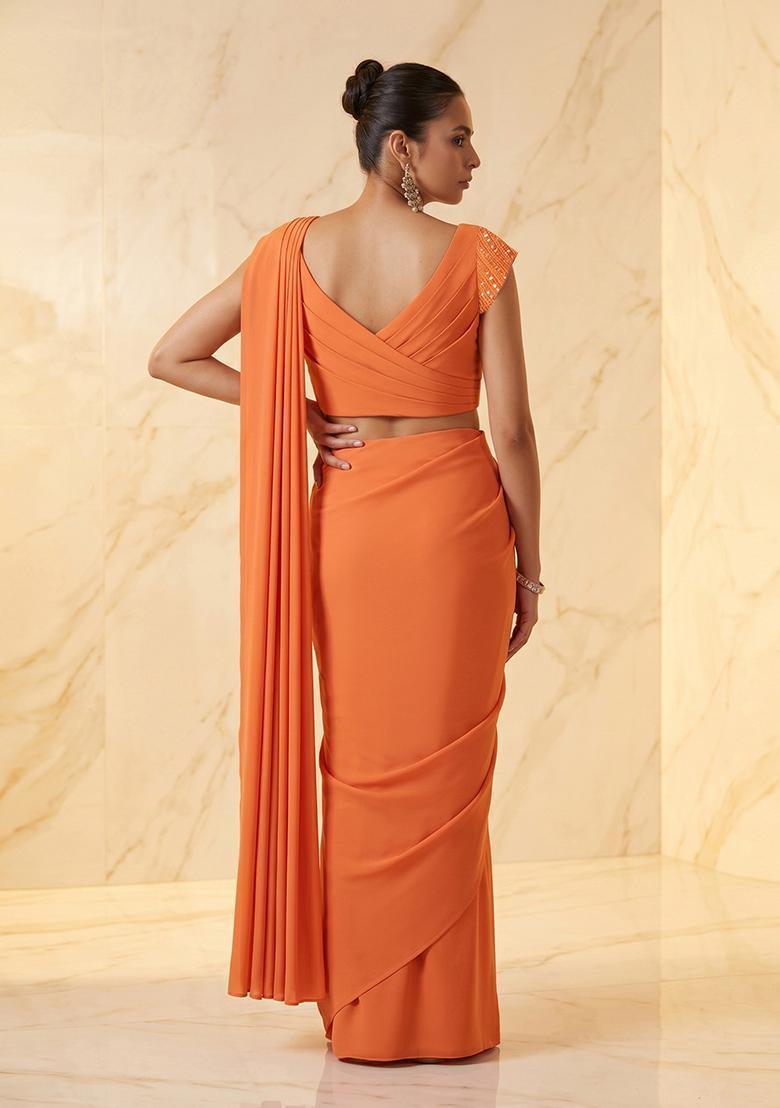 Orange Embroidered Handwork Pre Draped Saree Set - Indya