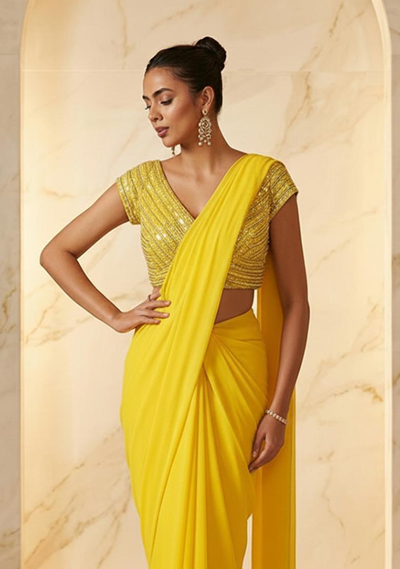 Light Yellow Embroidered Handwork Pre Draped Saree Set - Indya