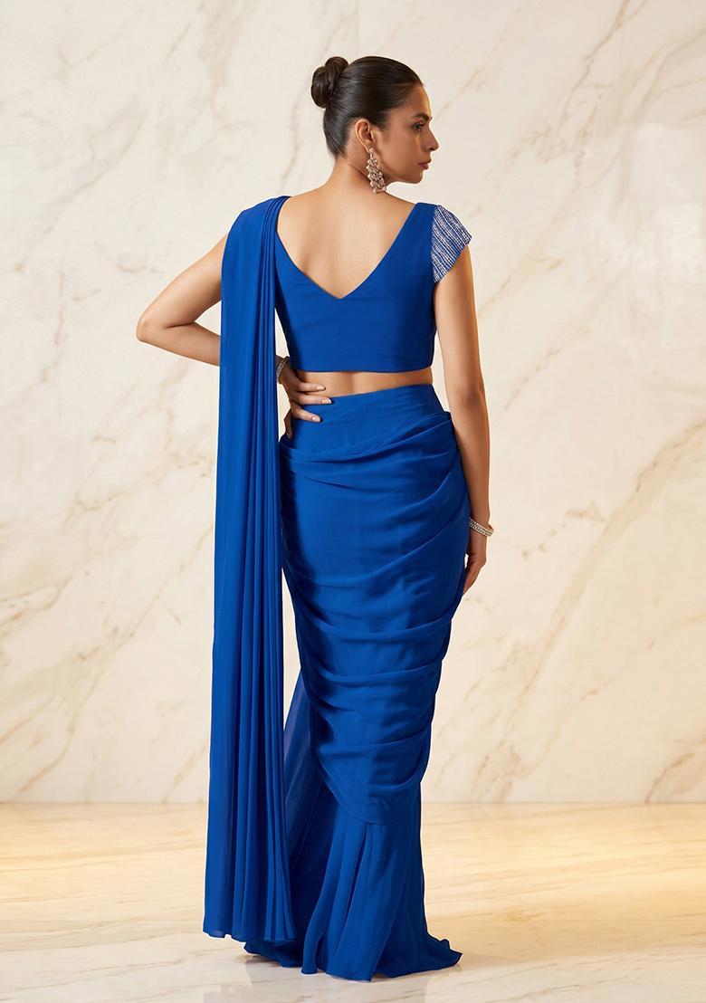 Dark Blue Embroidered Handwork Pre Draped Saree Set - Indya