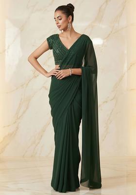Dark Green Embroidered Handwork Pre Draped Saree Set