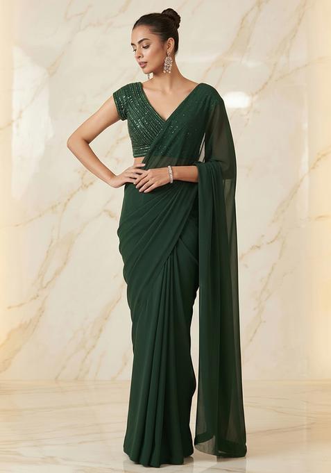 Dark Green Embroidered Handwork Pre Draped Saree Set