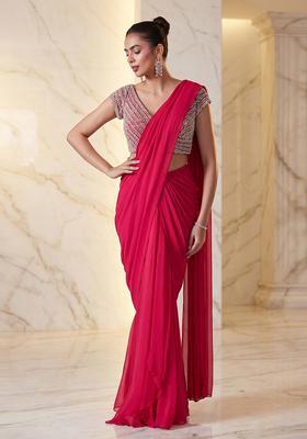 Rani Pink Embroidered Handwork Pre Draped Saree Set