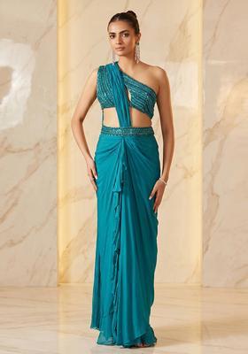 Teal Embroidered Handwork Pre Draped Saree Set