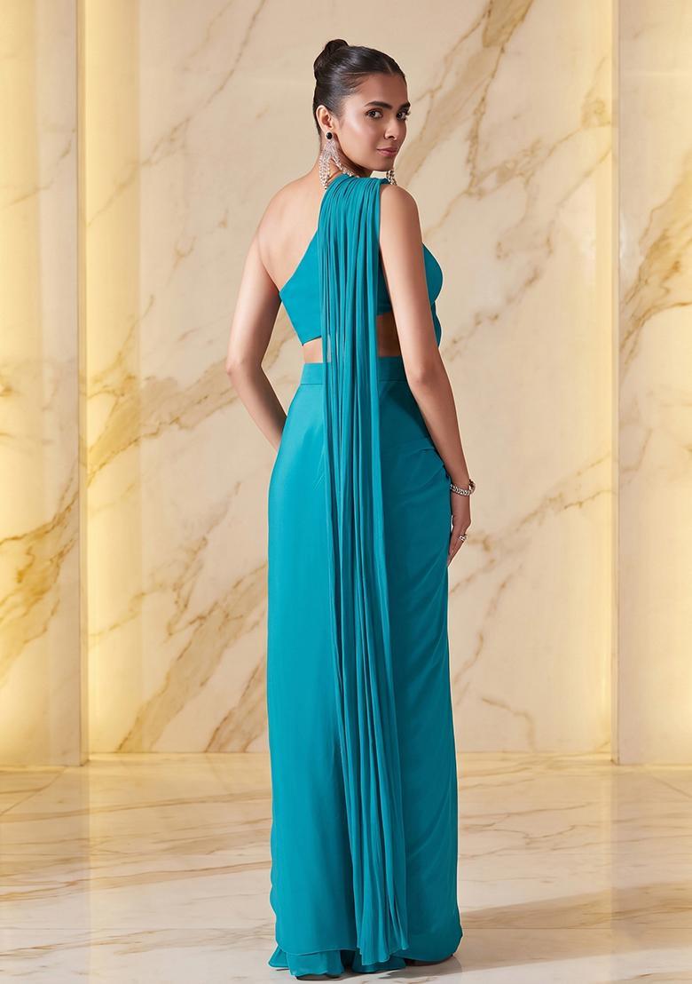 Teal Embroidered Handwork Pre Draped Saree Set - Indya