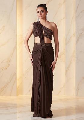 Dark Brown Embroidered Handwork Pre Draped Saree Set
