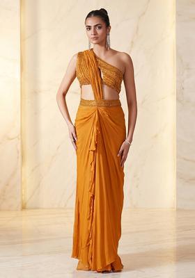 Orange Embroidered Handwork Pre Draped Saree Set