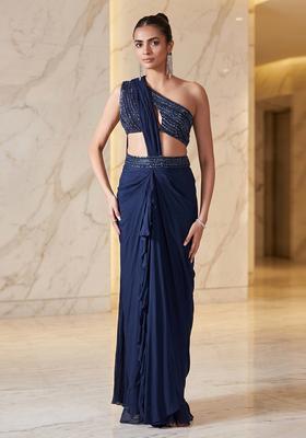 Navy Blue Embroidered Handwork Pre Draped Saree Set