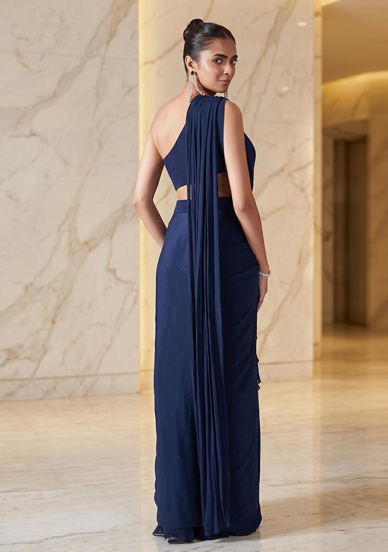 Navy Blue Embroidered Handwork Pre Draped Saree Set - Indya