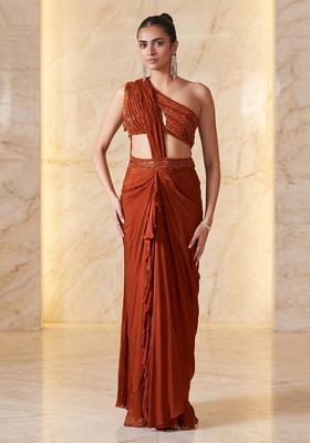 Rust Embroidered Handwork Pre Draped Saree Set