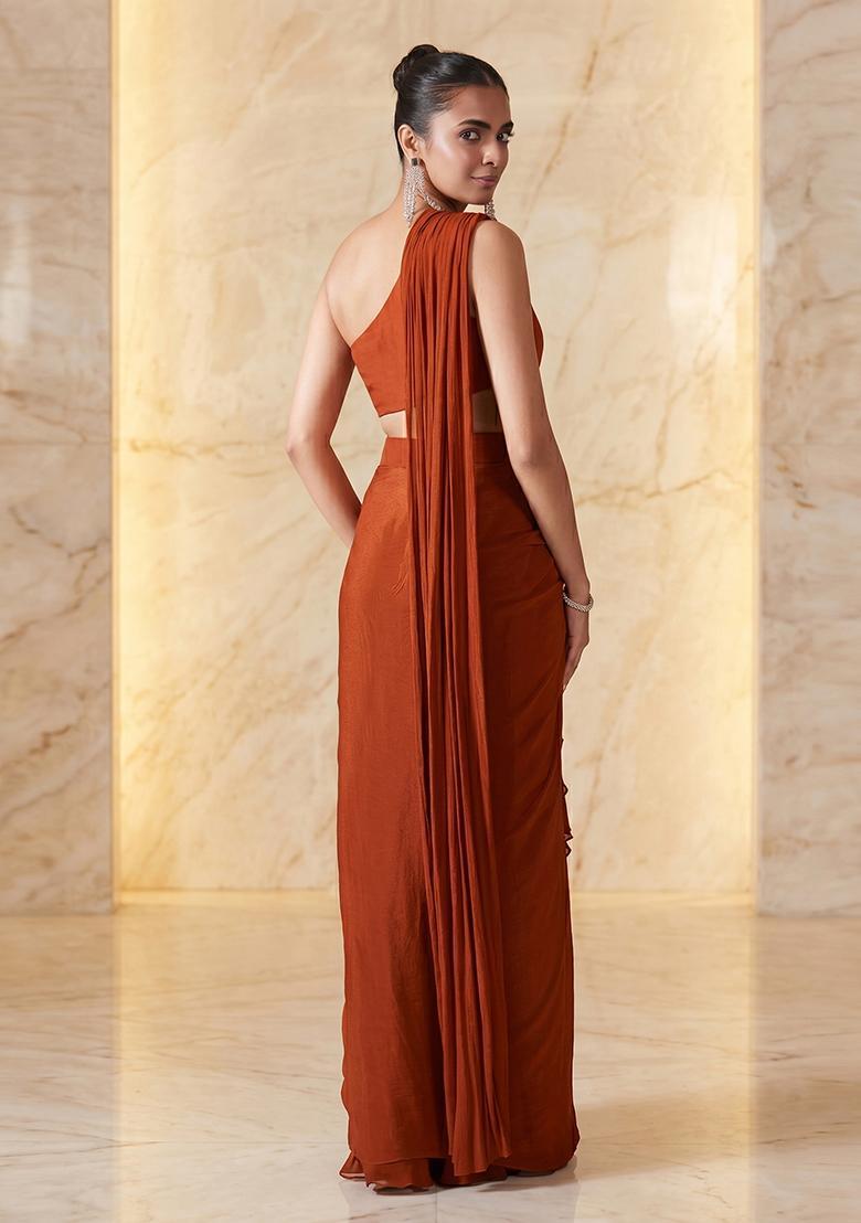 Rust Embroidered Handwork Pre Draped Saree Set - Indya