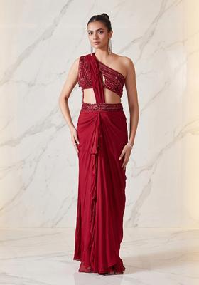 Red Embroidered Handwork Pre Draped Saree Set