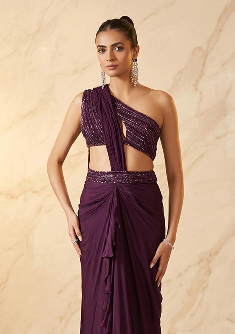Wine Embroidered Handwork Pre Draped Saree Set - Indya