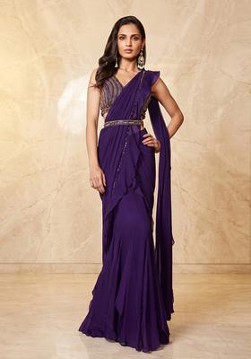 Dark Purple Embroidered Handwork Pre Draped Saree Set