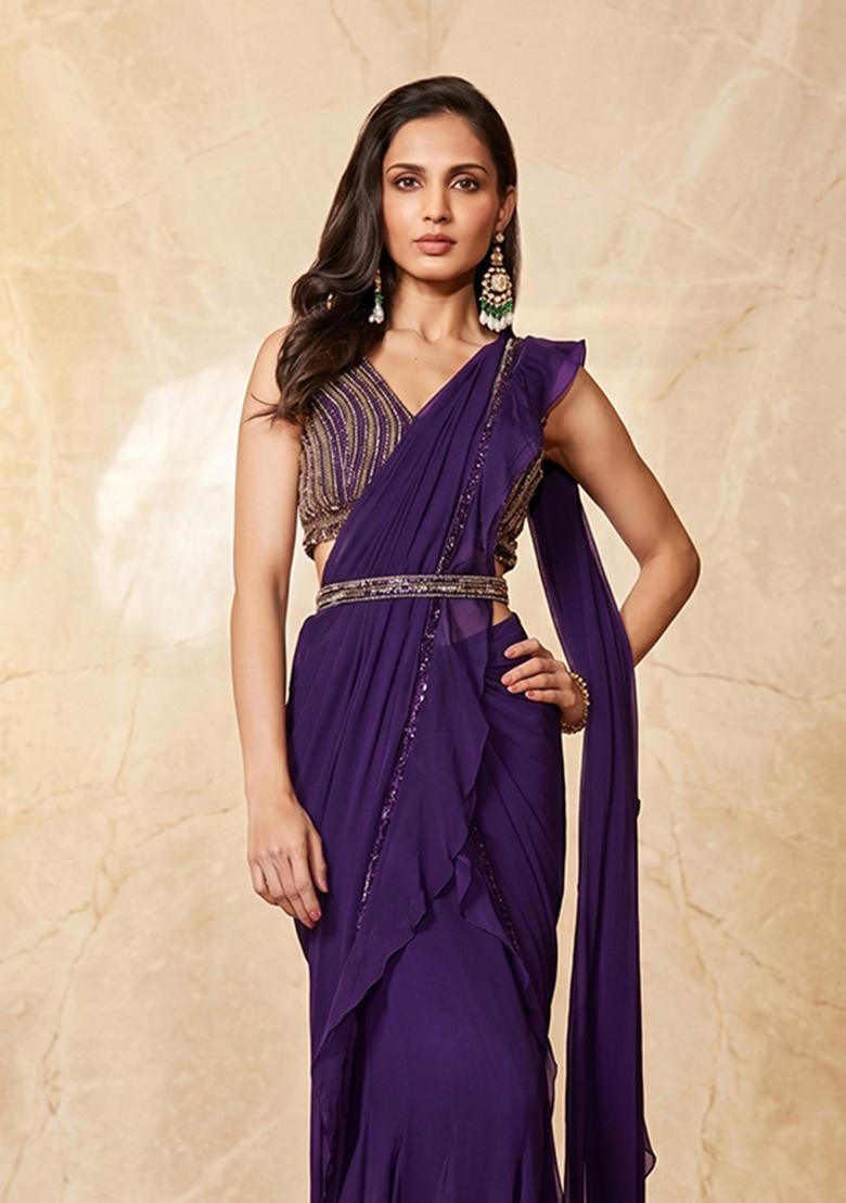 Dark Purple Embroidered Handwork Pre Draped Saree Set - Indya