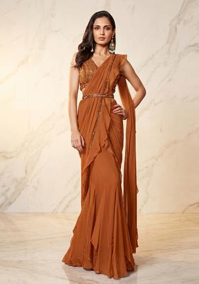 Rust Embroidered Handwork Pre Draped Saree Set