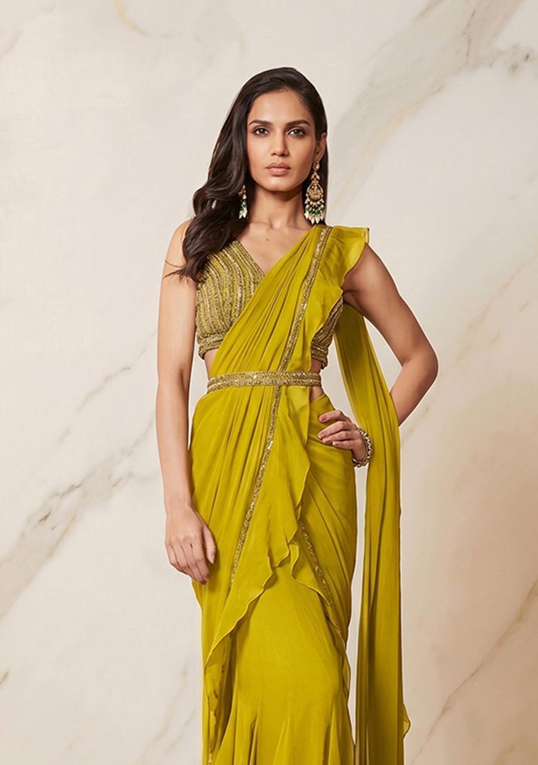 Lime Green Embroidered Handwork Pre Draped Saree Set - Indya