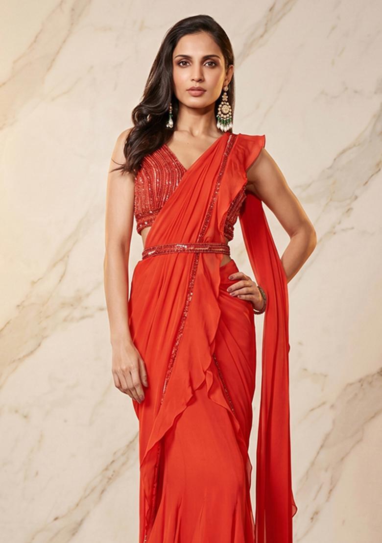 Orange Embroidered Handwork Pre Draped Saree Set - Indya