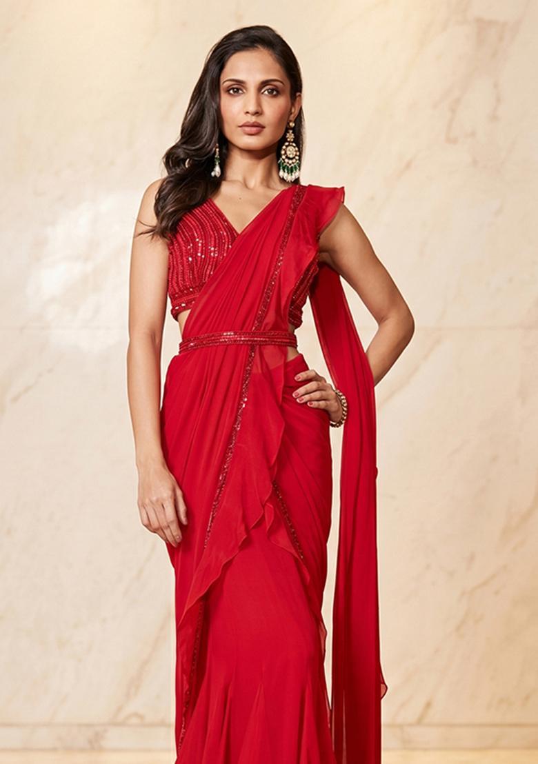 Red Embroidered Handwork Pre Draped Saree Set - Indya