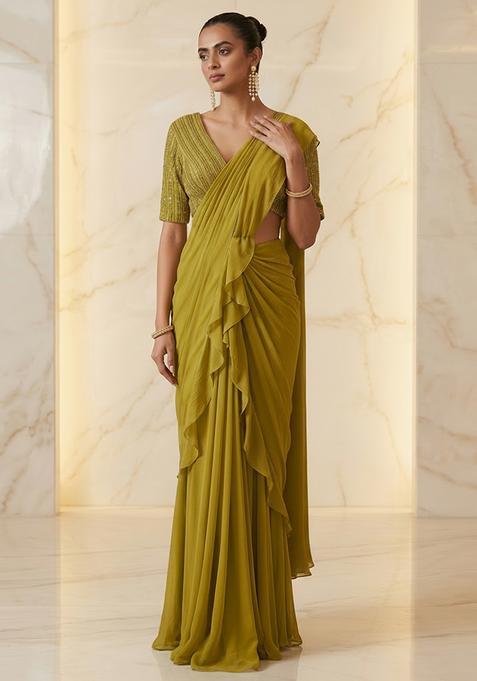 Green Embroidered Handwork Pre Draped Saree Set