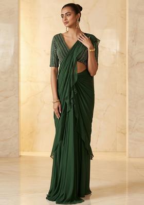Dark Green Embroidered Handwork Pre Draped Saree Set