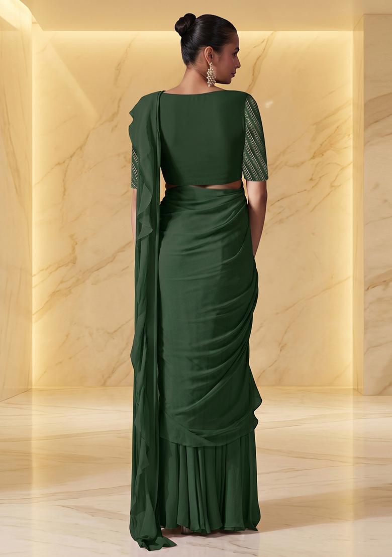 Dark Green Embroidered Handwork Pre Draped Saree Set - Indya