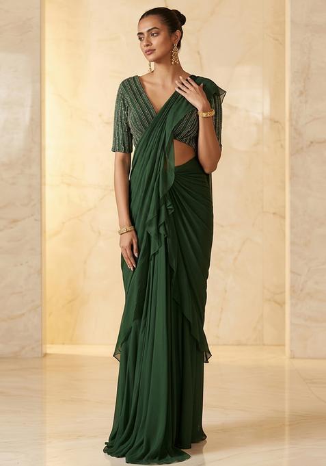 Dark Green Embroidered Handwork Pre Draped Saree Set