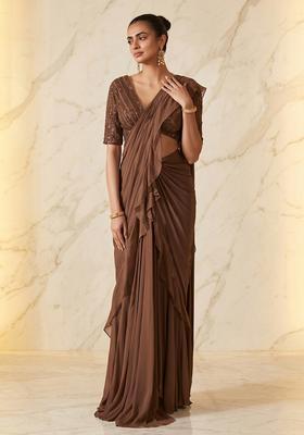 Brown Embroidered Handwork Pre Draped Saree Set