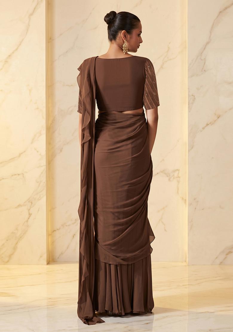 Brown Embroidered Handwork Pre Draped Saree Set - Indya