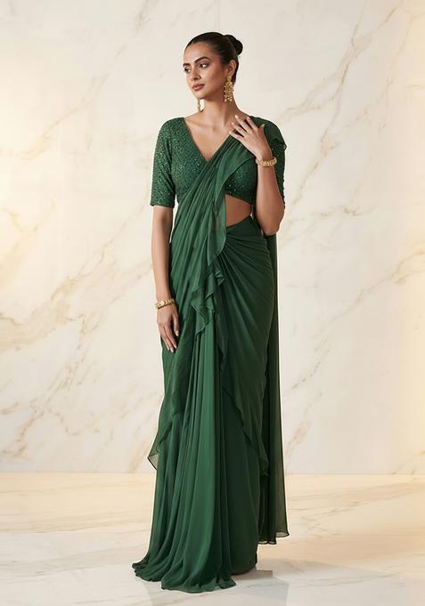 Dark Green Embroidered Handwork Pre Draped Saree Set