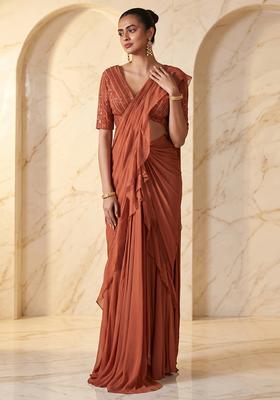 Rust Embroidered Handwork Pre Draped Saree Set
