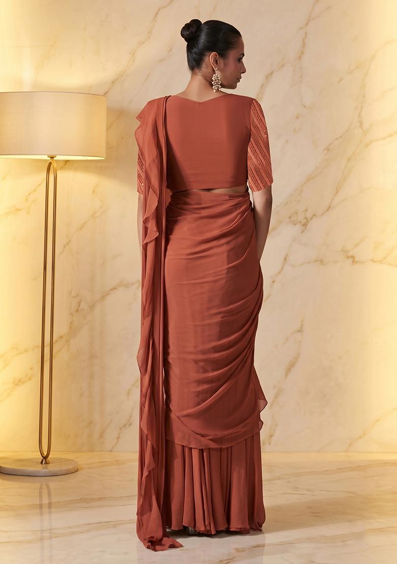 Rust Embroidered Handwork Pre Draped Saree Set - Indya