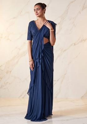Navy Blue Embroidered Handwork Pre Draped Saree Set