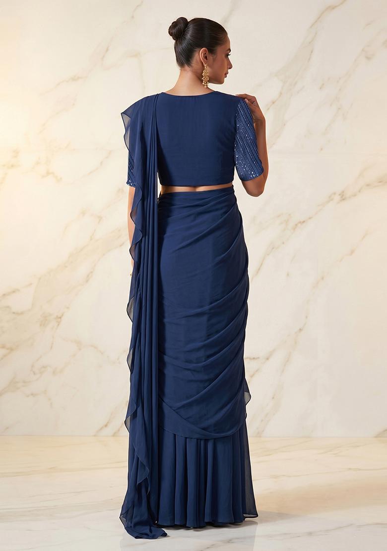 Navy Blue Embroidered Handwork Pre Draped Saree Set - Indya