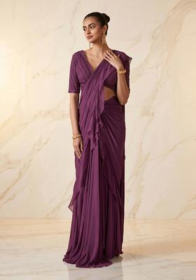 Plum Embroidered Handwork Pre Draped Saree Set